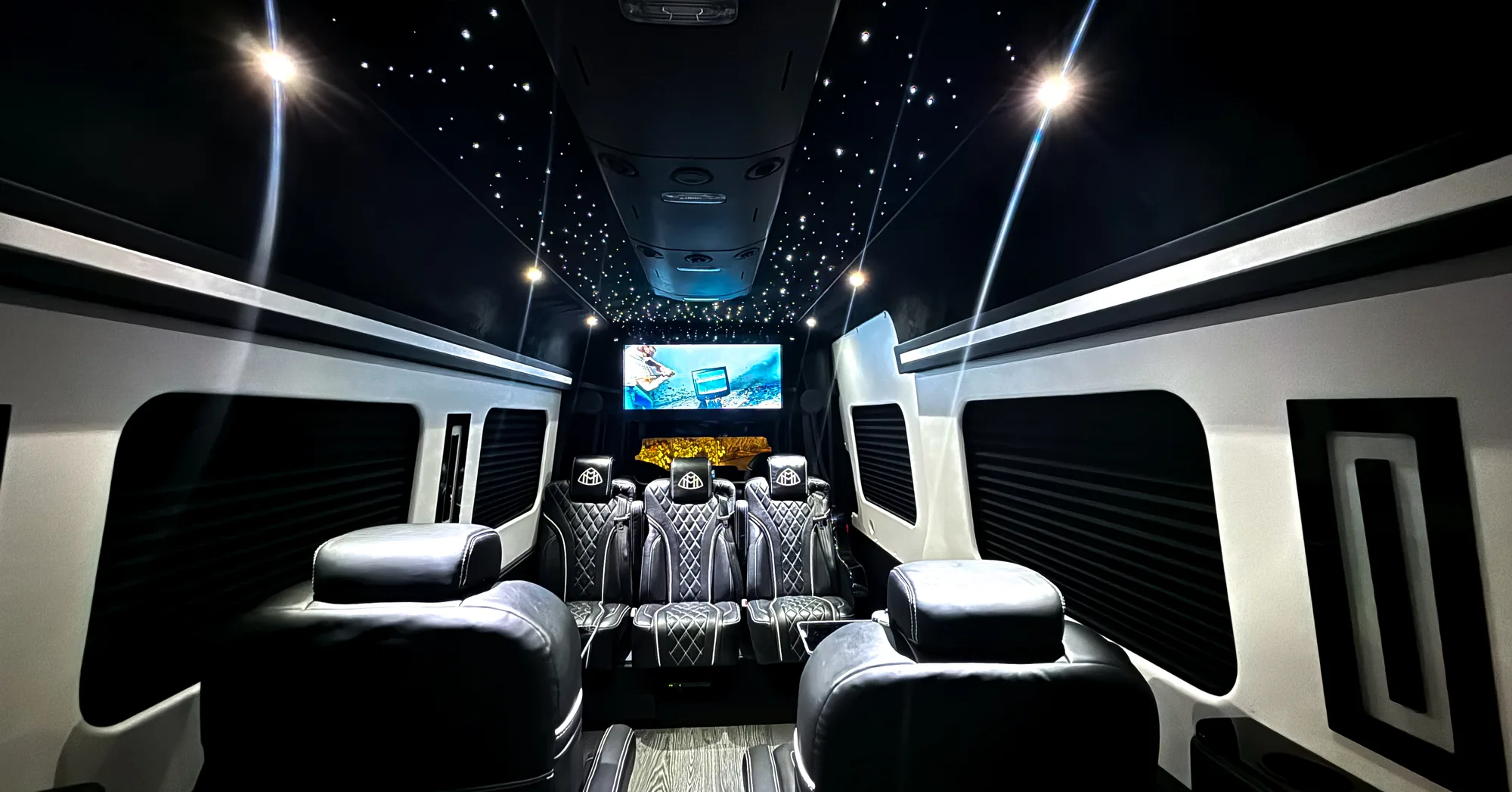 VIP Lounge Sprinter cabin with quilted black leather captain chairs facing each other and a rear screen